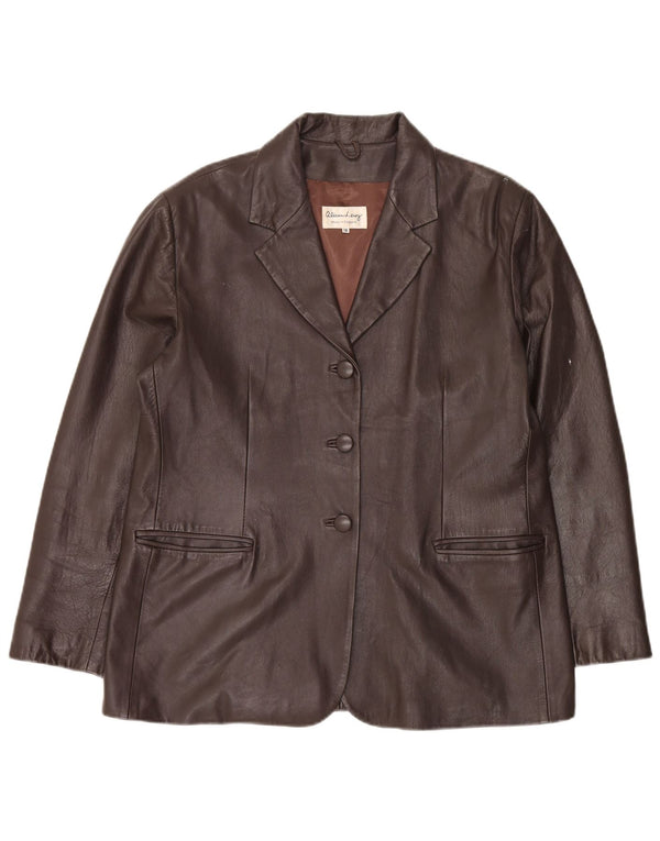 vintage Femme 3 Boutons Veste Blazer En Cuir UK 18 XL Cuir Marron