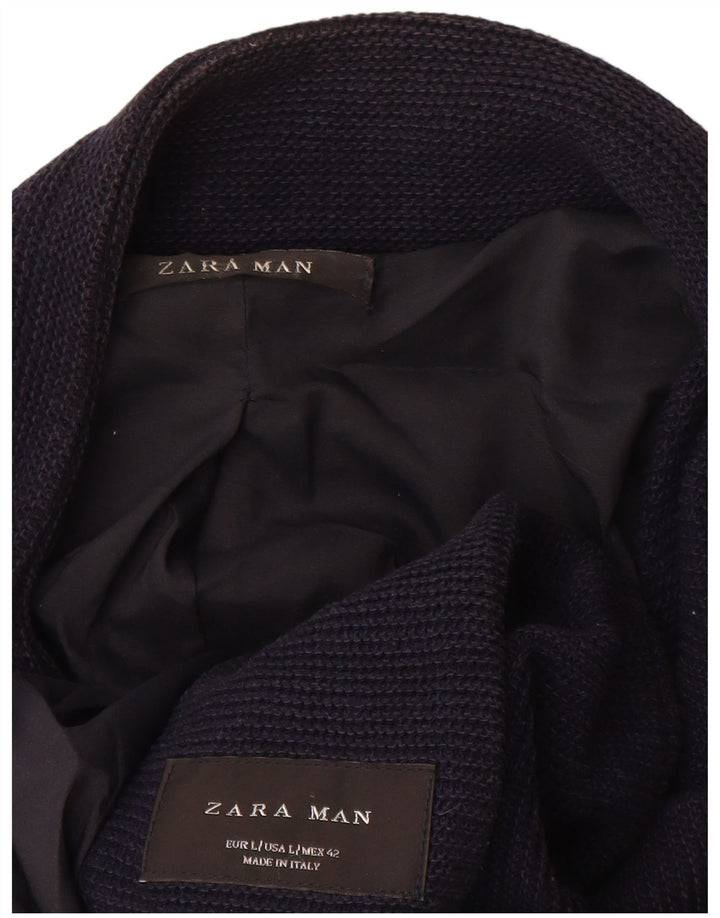 Zara Mens Knit Overcoat UK 40 Large Bleu Marine Coton