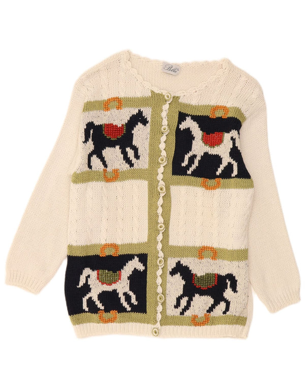 vintage Femme Graphique Cardigan Pull UK 16 Grand Coton Blanc Off