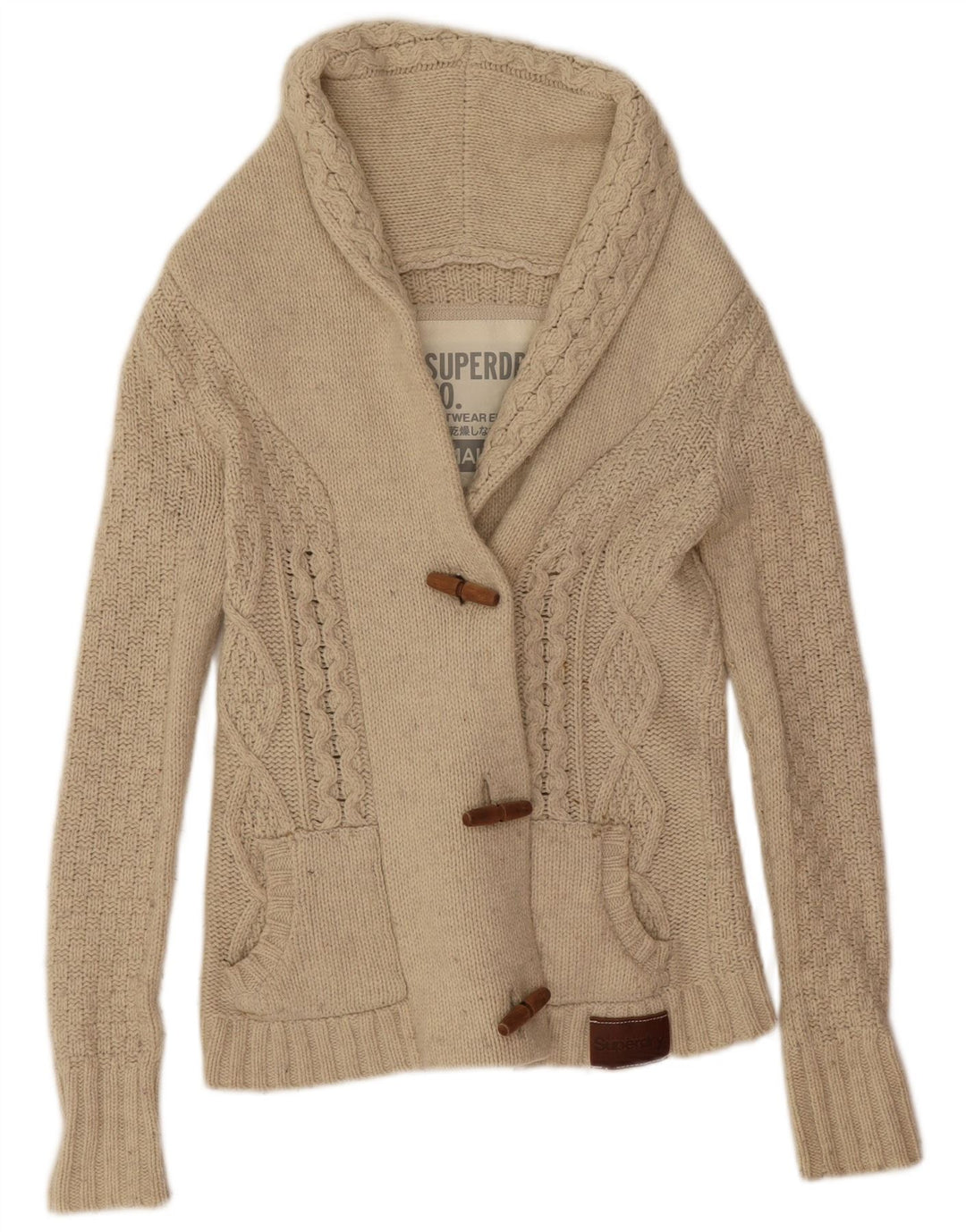 Superdry Femme Cardigan Pull UK 10 Petite Laine Beige