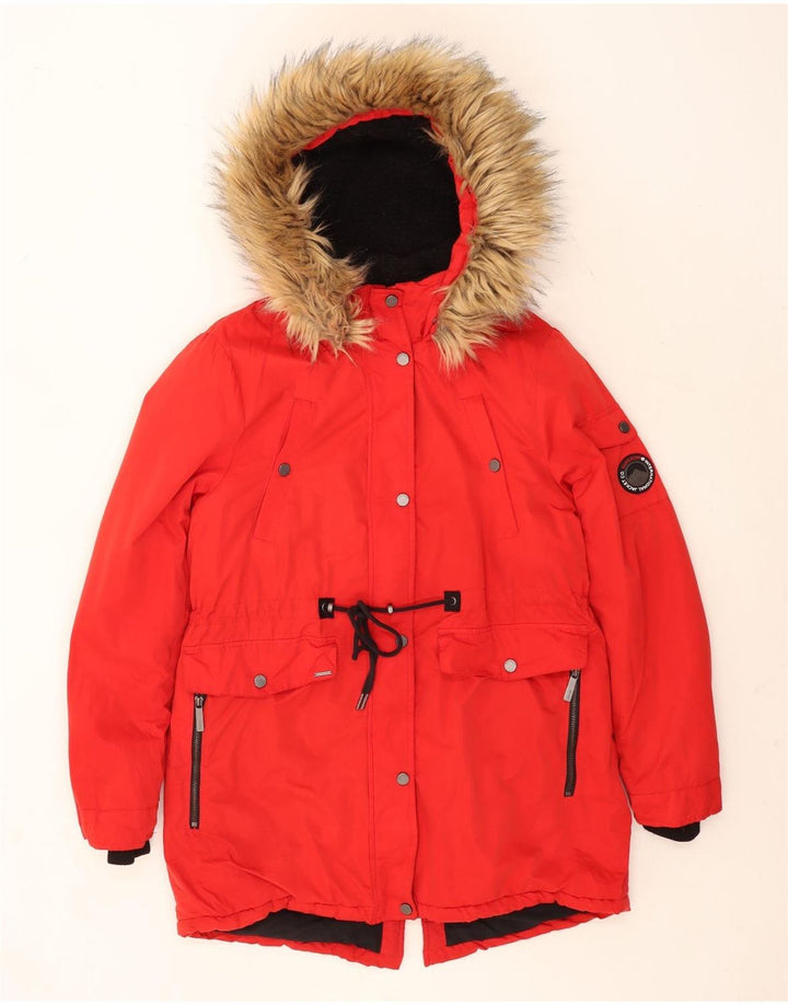 Superdry Veste Parka À Capuche Femme UK 14 Large Rouge Polyester