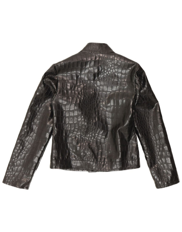 vintage Femmes Faux Cuir Bomber Jacket UK 10 Petit Imprimé Animal Noir