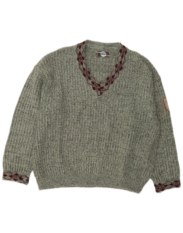 Fiorucci Pull Col V Homme XL Vert Moucheté Acrylique Rétro