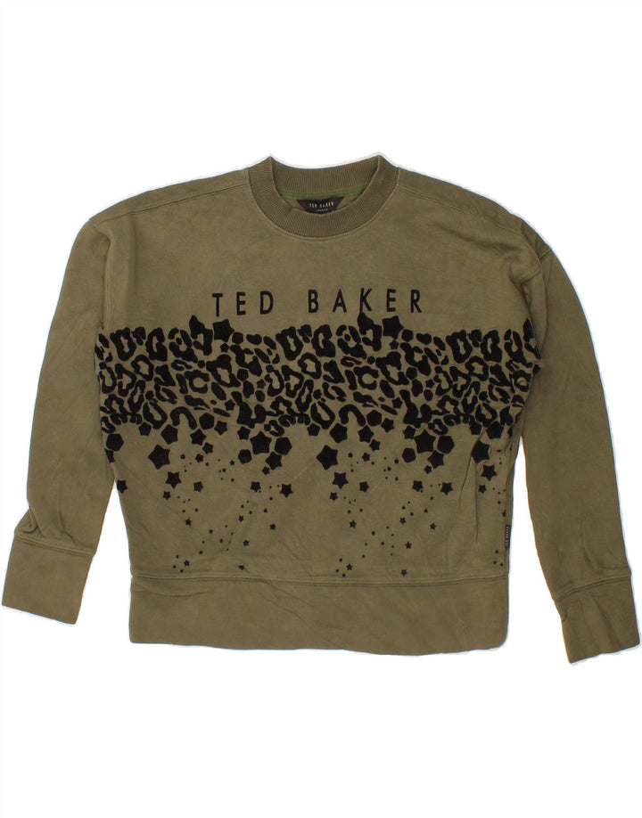 TED BAKER Womens Oversized Sweatshirt Jumper Size 1 XS Khaki Animal Print Vintage Ted Baker and Second-Hand Ted Baker from Messina Hembry 