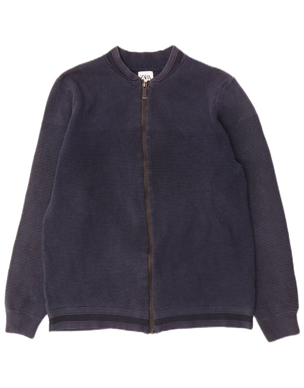 Zara Homme Cardigan Pull Bleu Marine Moyen Rayure Fine