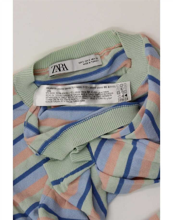 ZARA Pull court à col rond pour femme UK 8 Petit rayé multicolore