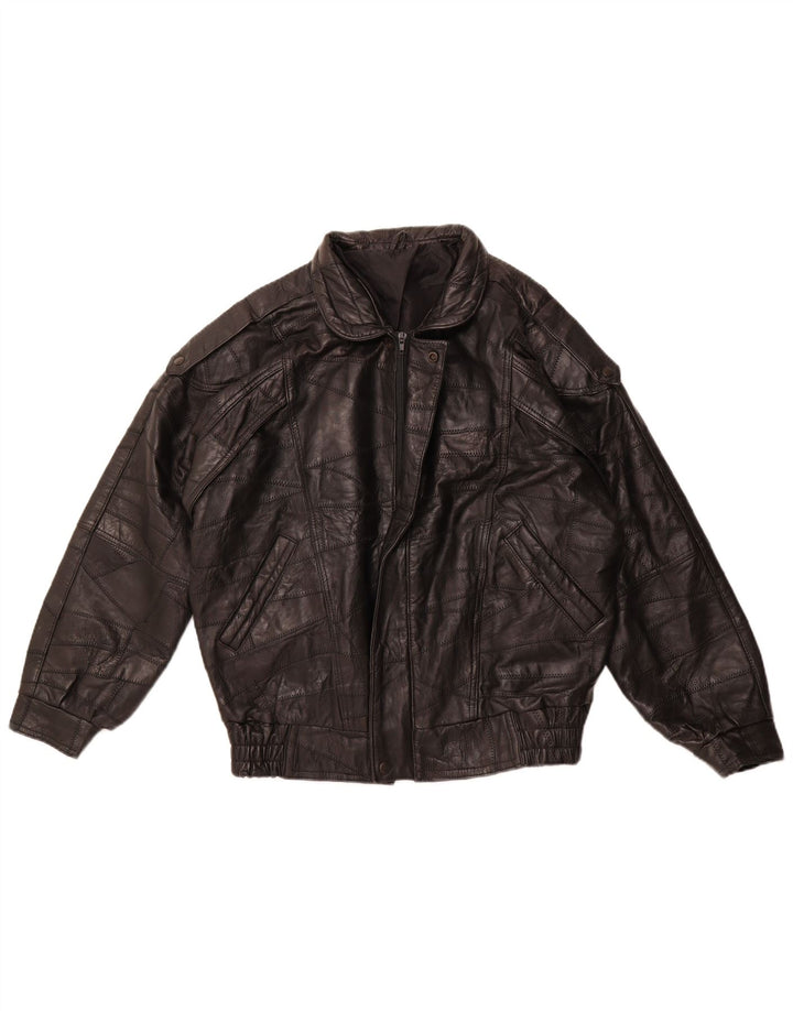 VINTAGE Veste en cuir coupe ample militaire pour homme UK 36 Petit patchwork noir