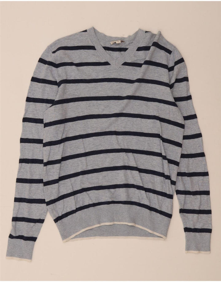 Gap Pull Col V Homme Bleu Moyen Rayé Coton