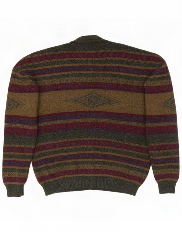 Vintage Mens Cardigan Sweater 2XL Khaki Striped Polyamide