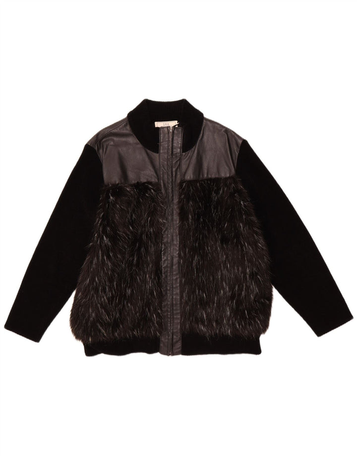 VINTAGE Veste en cuir femme UK 18 XL Cuir noir