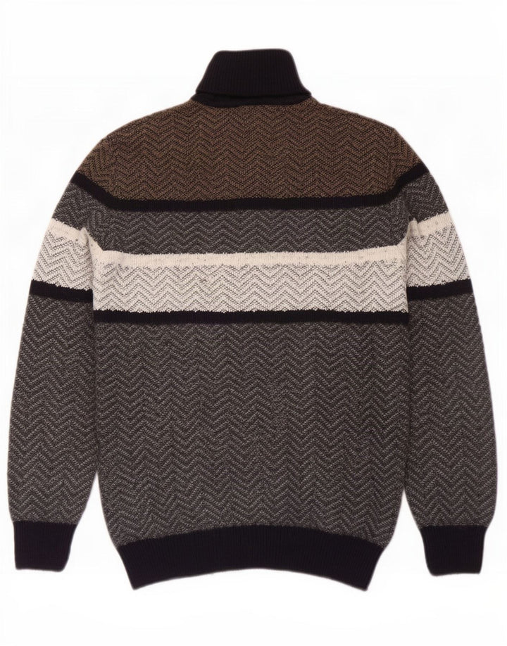 vintage Mens Roll Neck Jumper Pull Grande Gris Chevron Laine