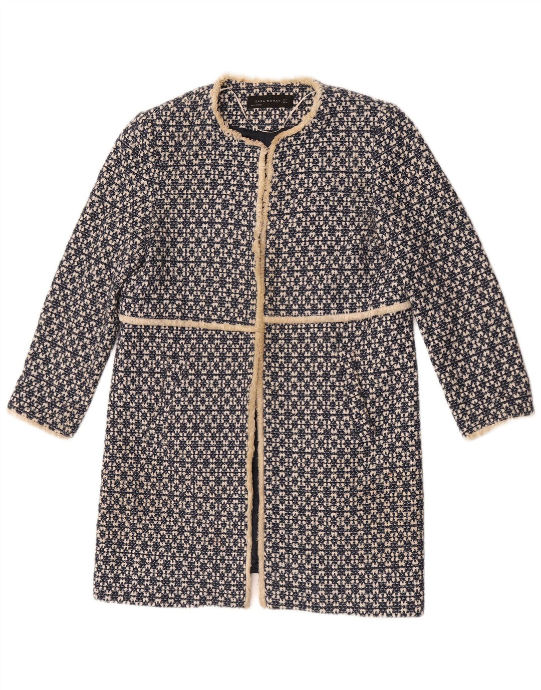 Zara Womens Open Overcoat UK 12 Medium Navy Blue Géométrique Coton