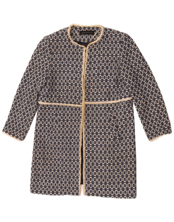 Zara Womens Open Overcoat UK 12 Medium Navy Blue Géométrique Coton