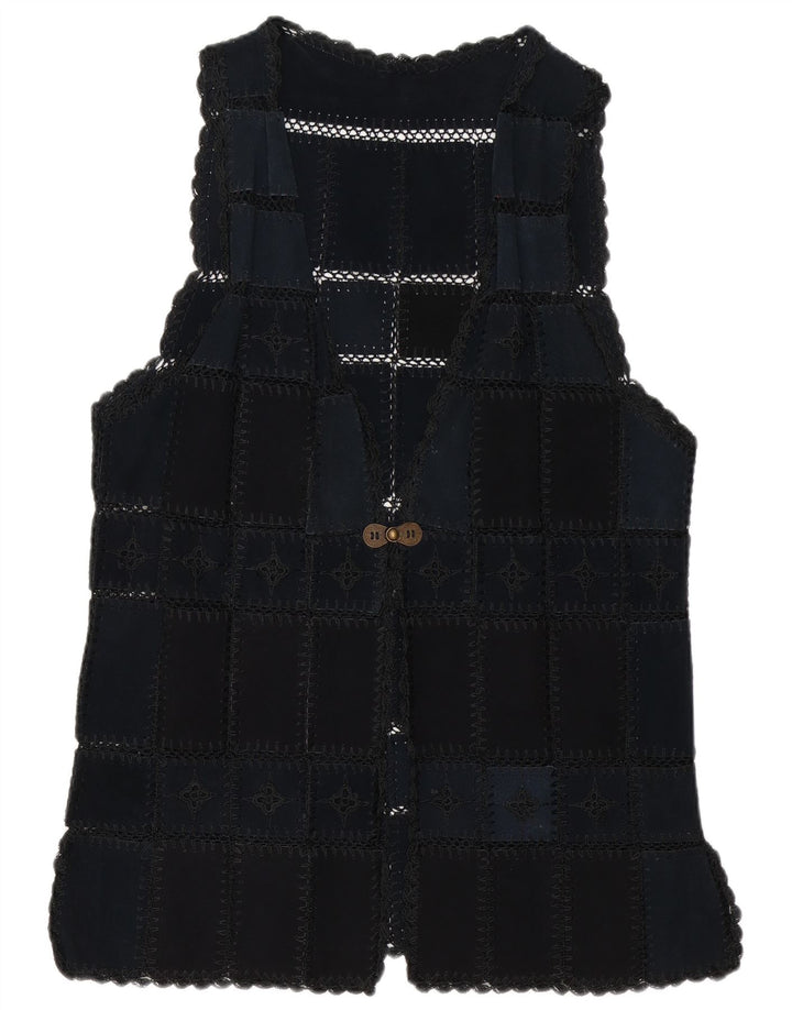 vintage Femme Daim Gilet UK 16 Grand Patchwork Bleu Marine