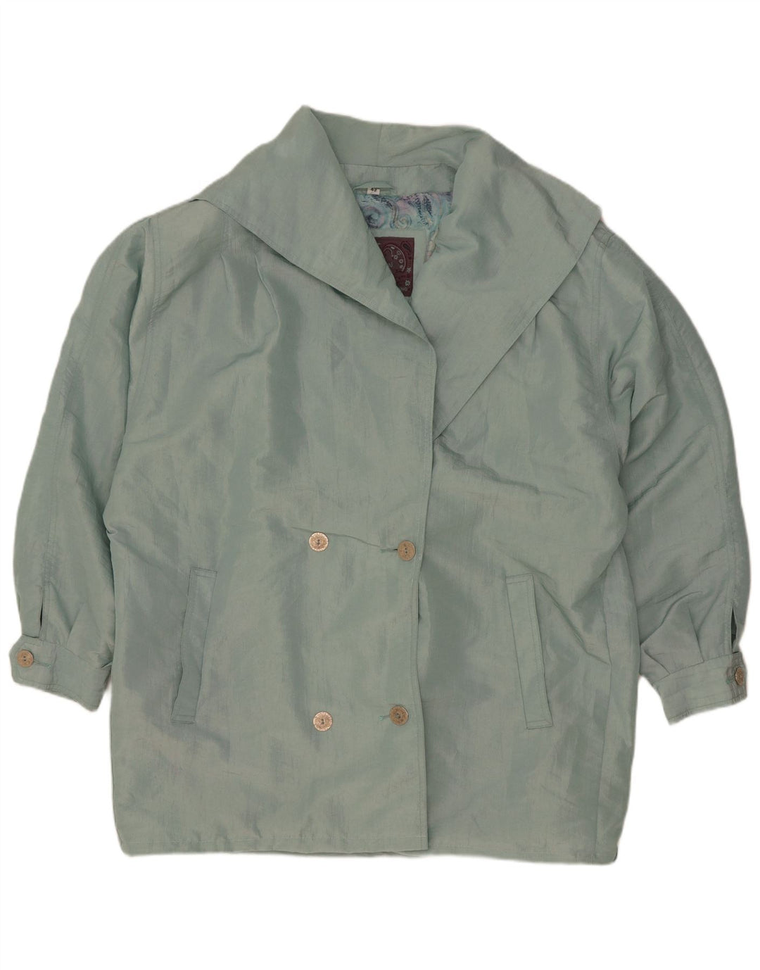 vintage Femmes Surdimensionné Double Breasted Coat EU 42 Grand Nylon Vert