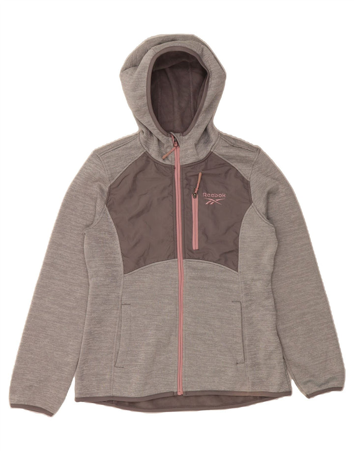REEBOK Womens Zip Hoodie Sweater UK 10 Small Grey Colourblock Polyester Vintage Reebok and Second-Hand Reebok from Messina Hembry 