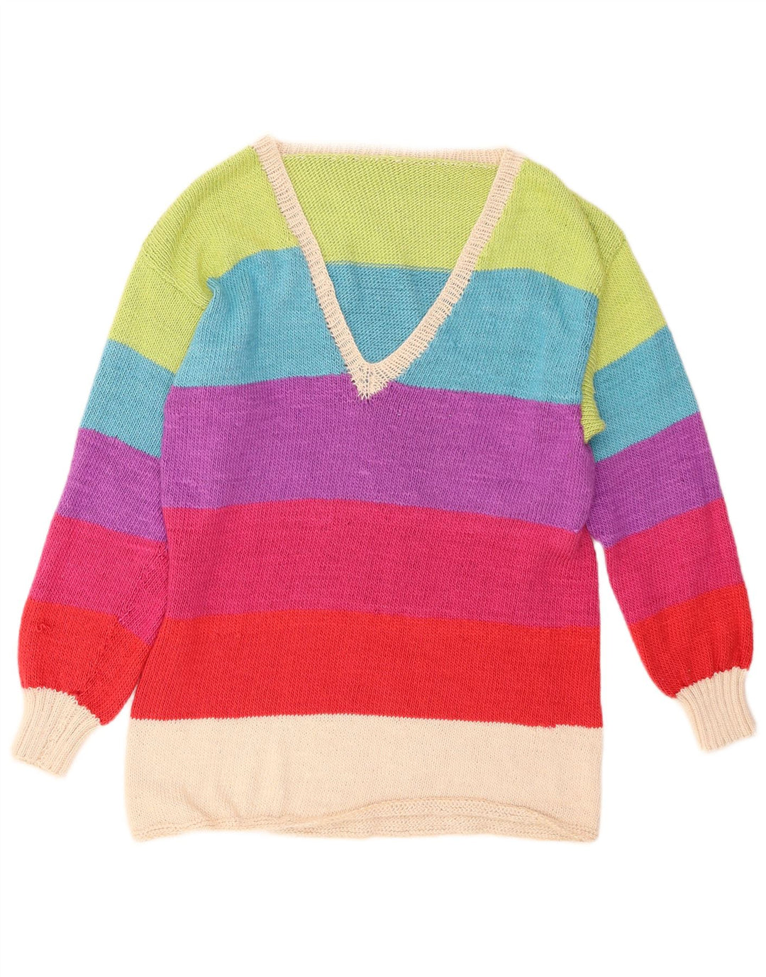 VINTAGE Pull col V femme UK 12 Medium multicolore rayé