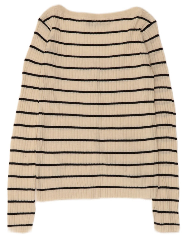 Zara Femme Cardigan Pull UK 8 Petit Acrylique Rayé Beige