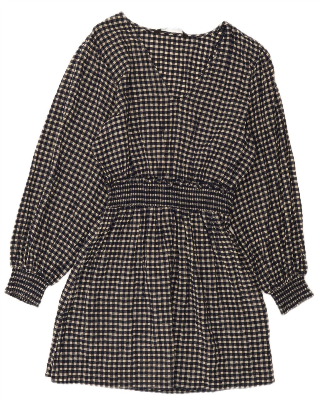 Zara Robe basique à manches longues pour femme UK 10 Petit coton vichy bleu marine