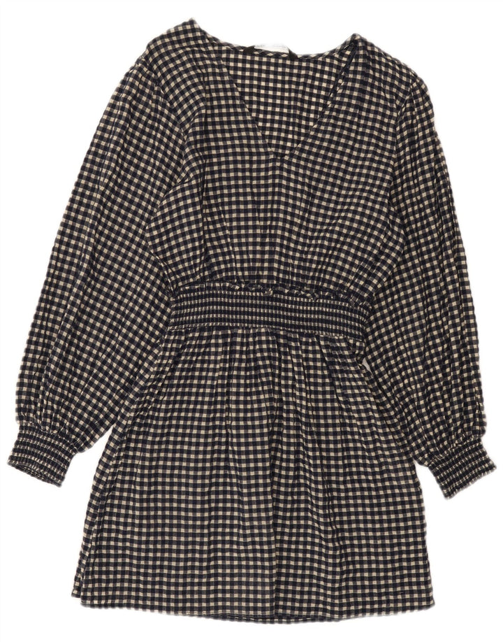 Zara Robe basique à manches longues pour femme UK 10 Petit coton vichy bleu marine