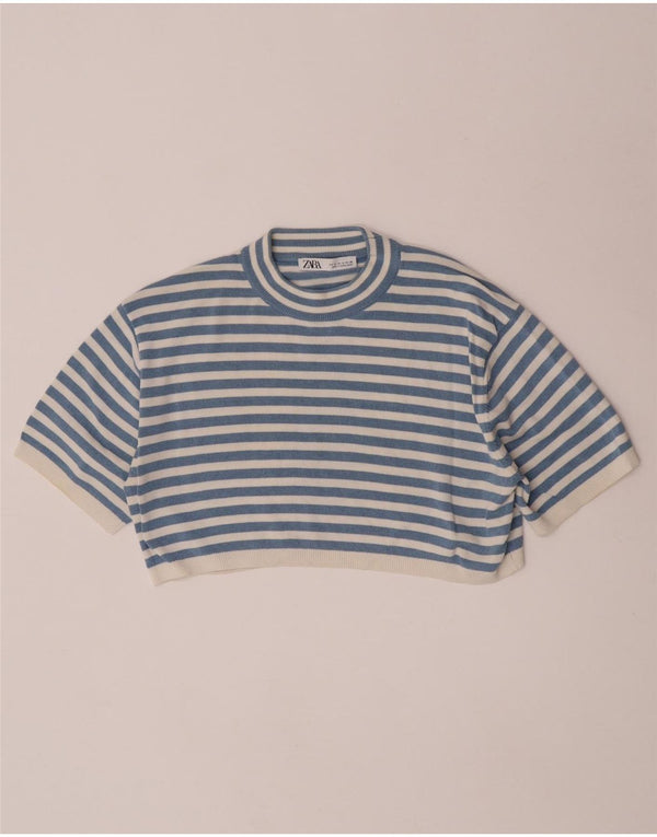 Zara Womens Crop Crew Neck Jumper Sweater UK 10 Petit Bleu Rayé