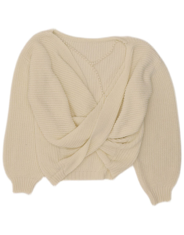 vintage Femmes Oversize Boat Neck Jumper Pull UK 14 Moyen Blanc