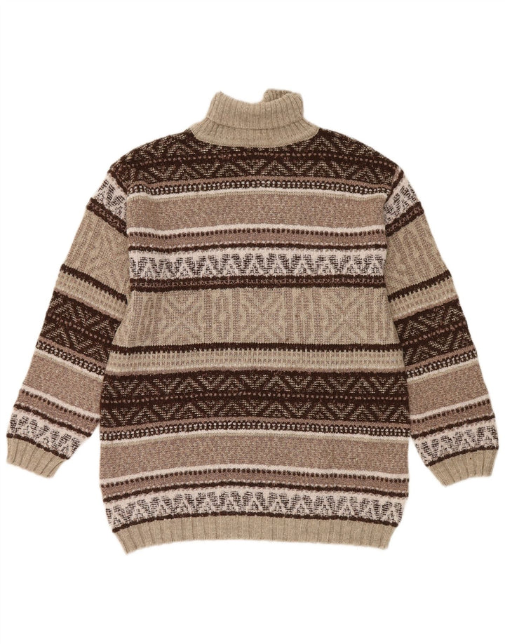 vintage Mens Roll Neck Jumper Pull Moyen Brun Géométrique Laine