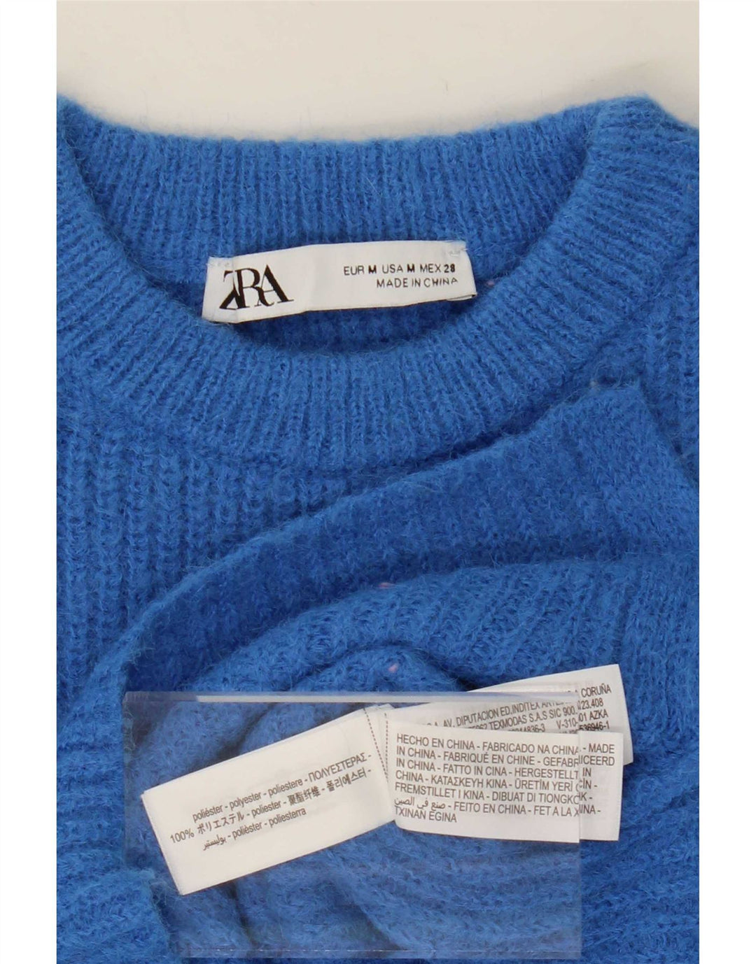 Zara Pull court à col rond pour femme UK 14 Bleu moyen Polyester