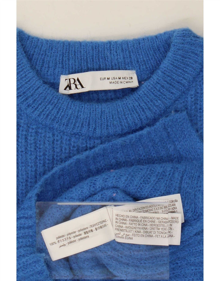 Zara Pull court à col rond pour femme UK 14 Bleu moyen Polyester