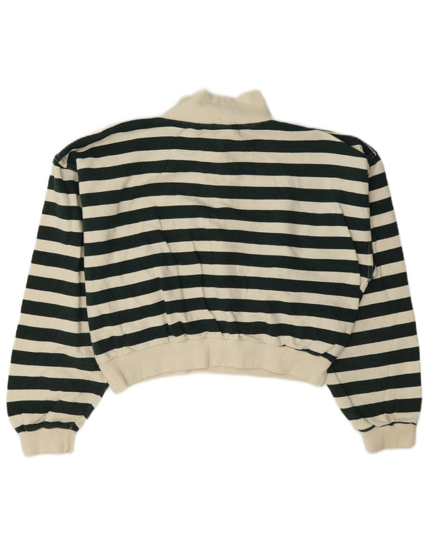 vintage Womens Crop Zip Neck Sweatshirt Jumper UK 12 Moyen Vert Rayé