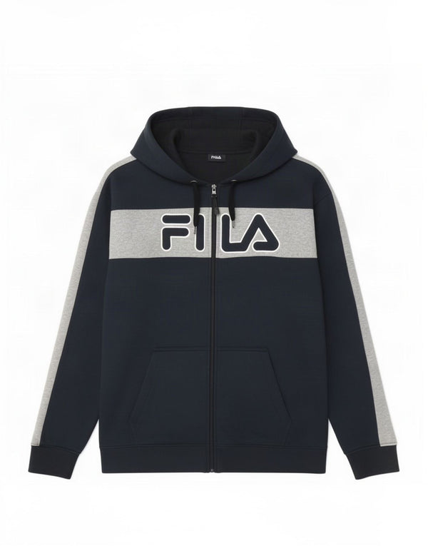 Fila Pull à capuche zippé graphique pour homme XL en coton color block bleu marine