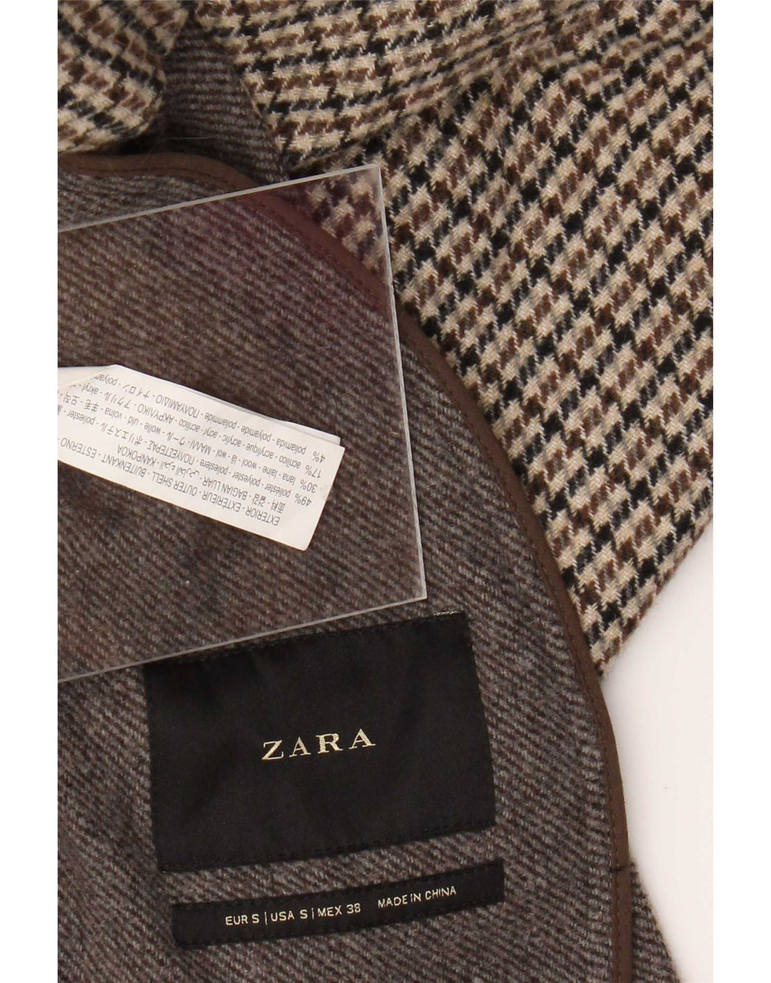 Pardessus homme Zara UK 36 Small Marron Pied-de-poule Polyester