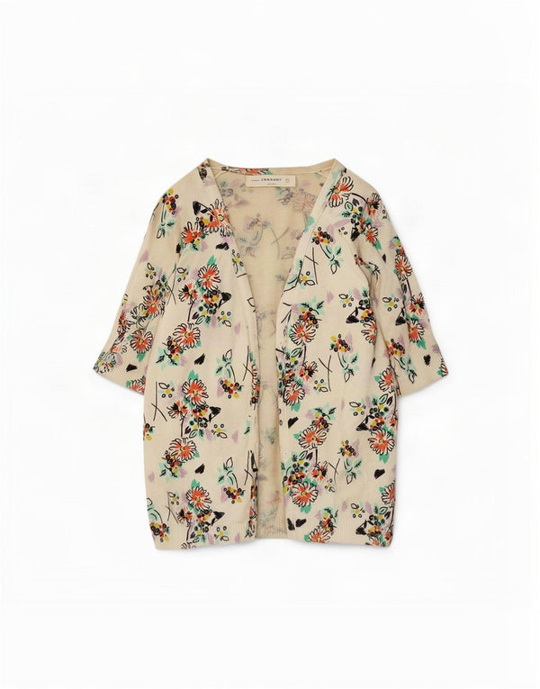 Zara Cardigan ouvert à manches 1/2 pour femme UK 14 Medium Off White Floral
