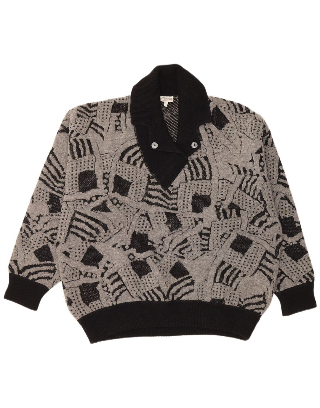 VINTAGE Femme Col Châle Pull Pull UK 16 Grand Gris Géométrique