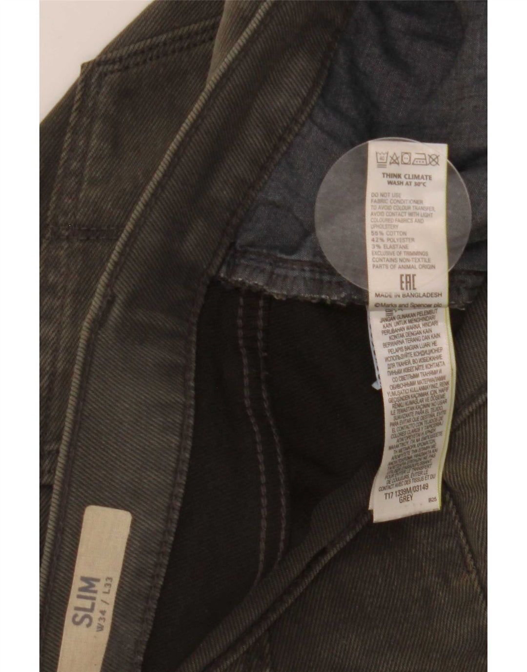 Marks & Spencer Jean Slim Homme W34 L33 Gris Coton