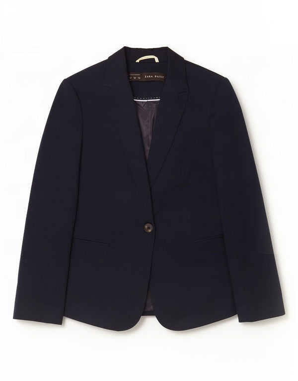 Zara Womens 1 Button Blazer Jacket UK 6 XS Bleu Marine Coton