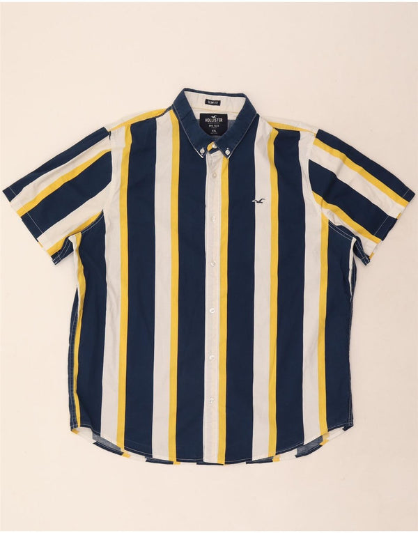 Hollister Chemise Slim Fit à Manches Courtes pour Hommes 2XL Coton Rayé Bleu