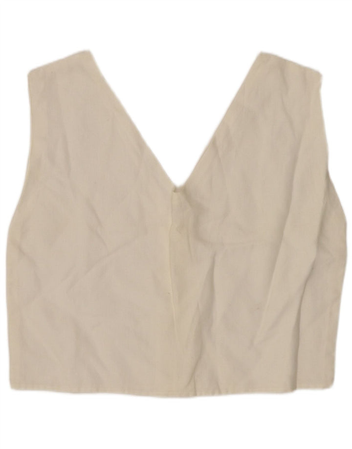VINTAGE Femmes Crop Chemise sans manches Blouse UK 12 Blanc Moyen