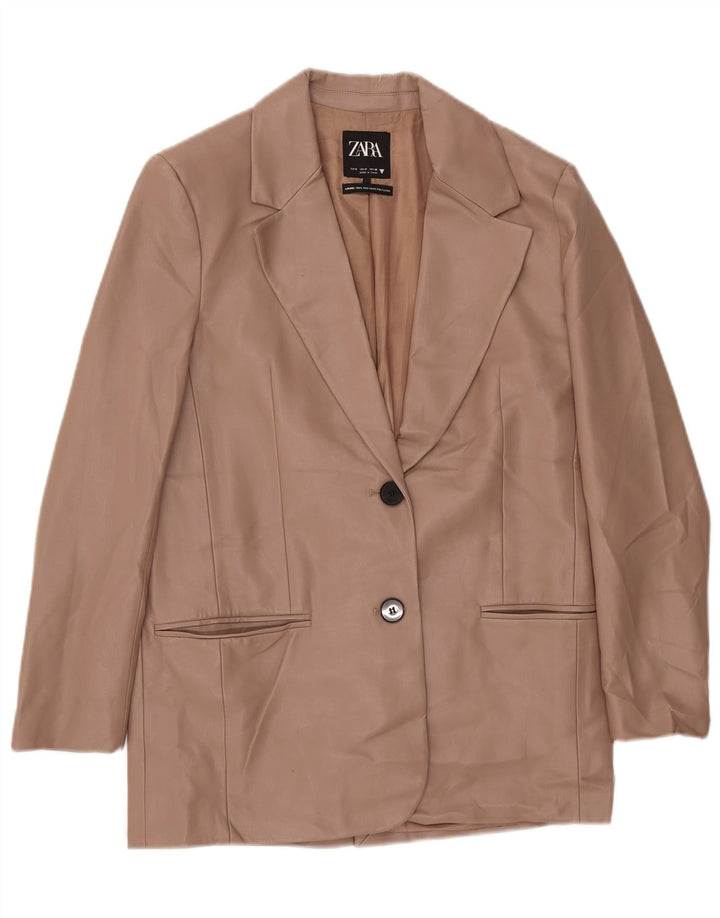 Zara Veste blazer en similicuir à 2 boutons pour femme UK 10 Petit polyester beige