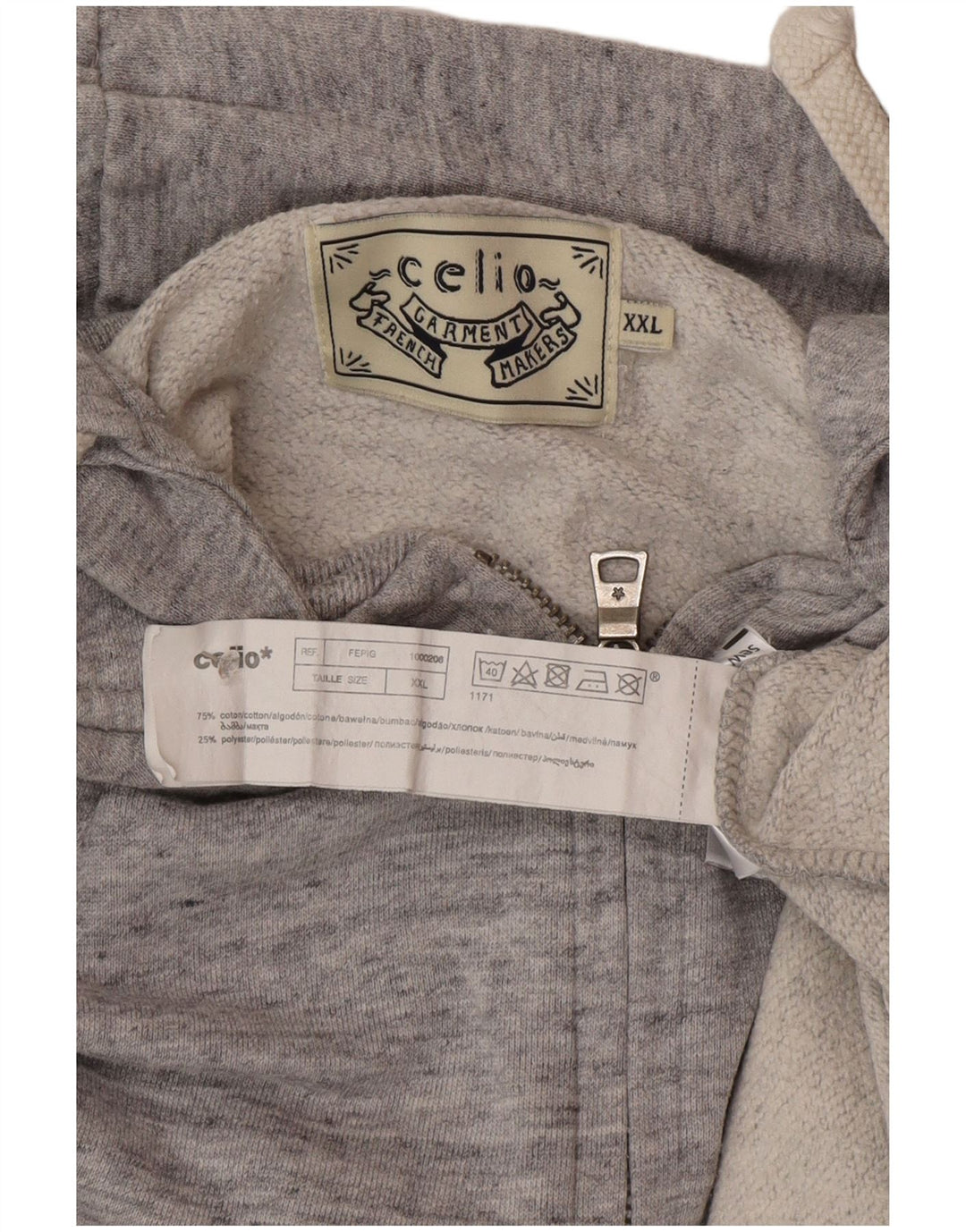 Celio Pull à capuche zippé pour homme 2XL en coton moucheté gris