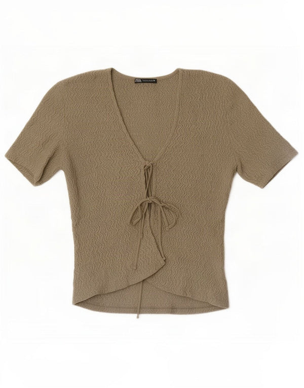 Zara Womens Short Sleeve Crop Top UK 8 Small Kaki Polyester