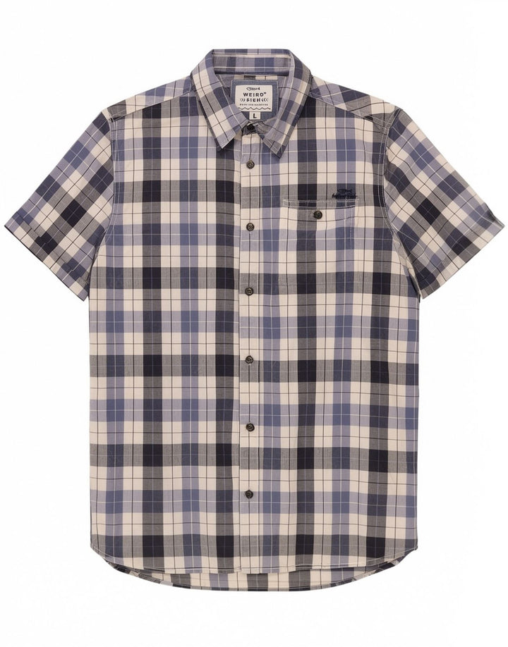 Weird Fish Chemise à manches courtes pour homme en coton à carreaux bleus