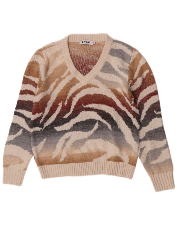 Desigual Femme Pull Col V UK 6 XS Imprimé Animal Multicolore