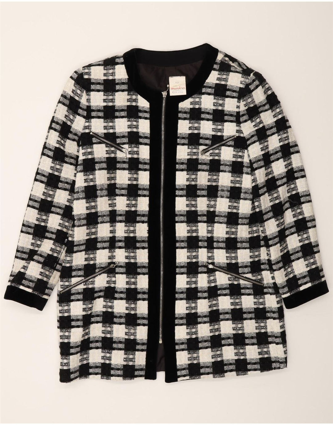 Meico Veste Blazer Longue Femme EU 42 Grand Carreau Noir Polyester