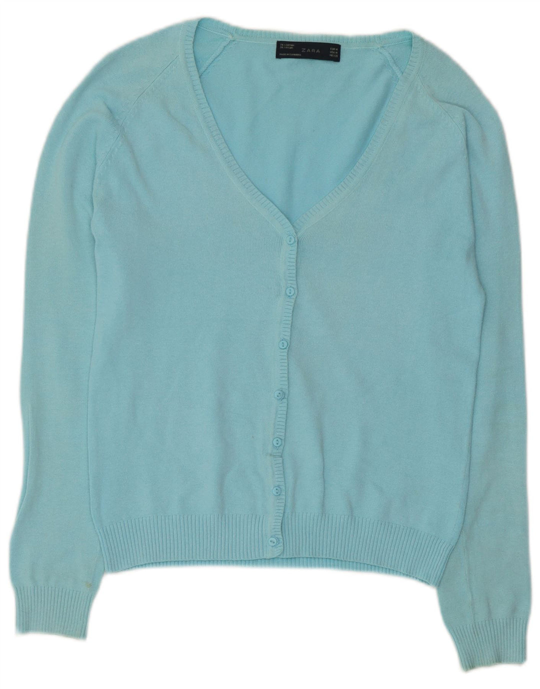 Zara Femme Cardigan Pull UK 12 Bleu Moyen Coton