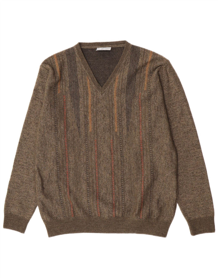 Rodes Pull Col V Homme Laine Rayée Vert Moyen