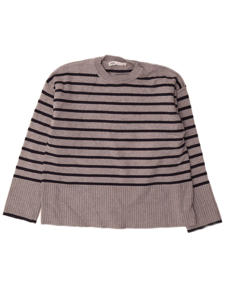 Zara Pull surdimensionné à col rond pour femme UK 10 Petit gris rayé