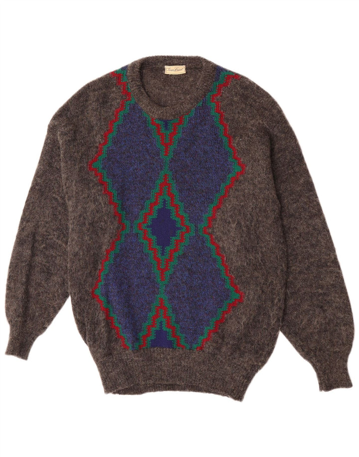vintage Mens Crew Neck Jumper Pull Gris Moyen Argyle/Diamant