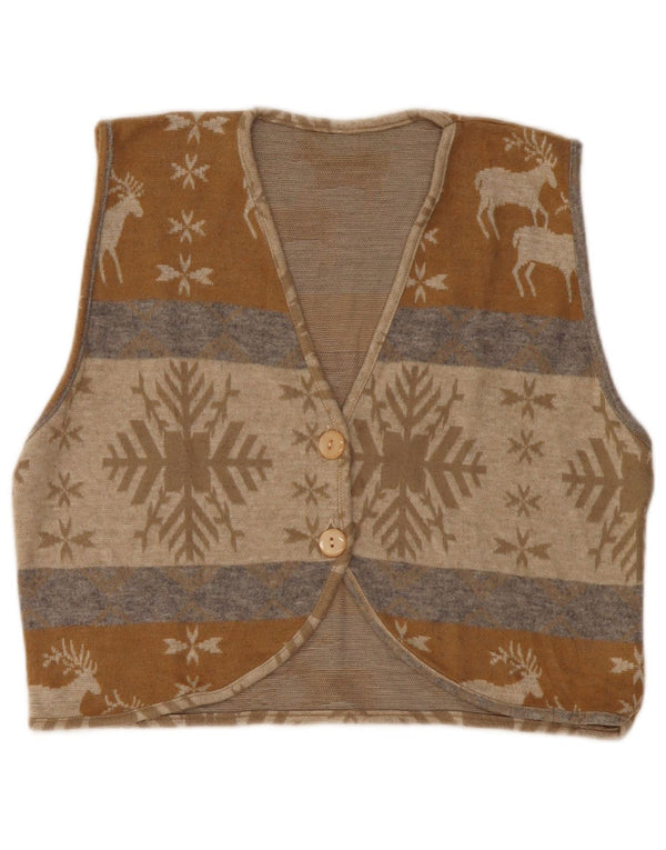 VINTAGE Femmes Crop Cardigan Pull UK 14 Moyen Beige Fair Isle