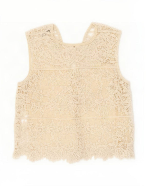 Zara Chemisier court sans manches en dentelle pour femme UK 4 XS Beige Floral Coton